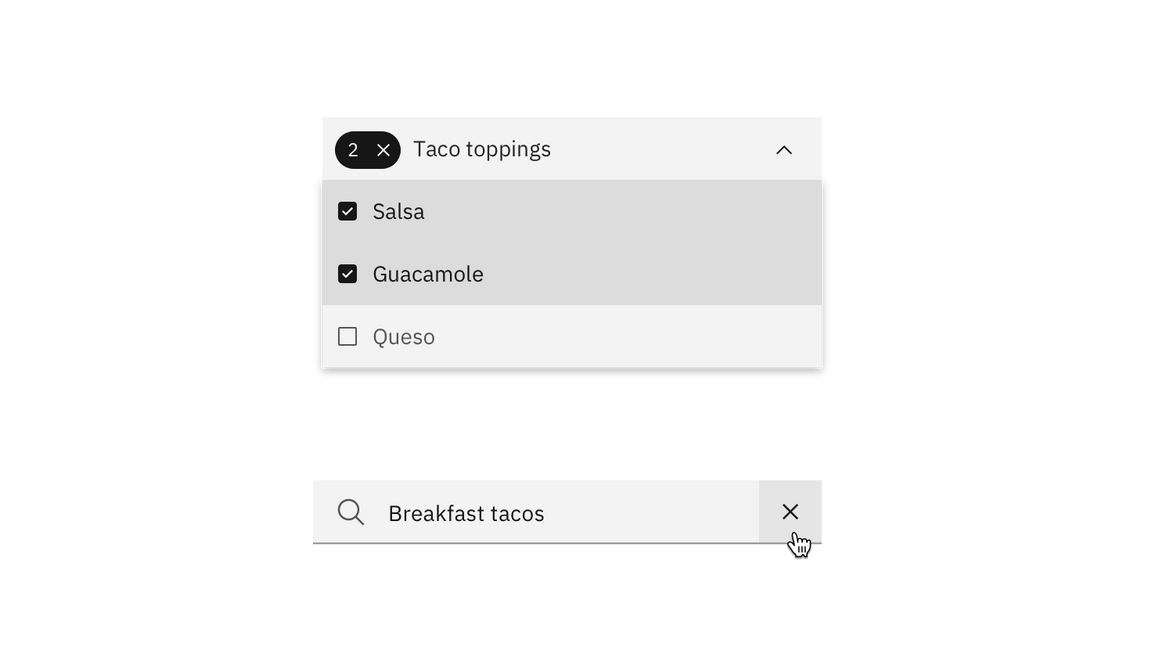 Example of clear in multiselect dropdown and in a search field Example of clear in multiselect dropdown and in a search field